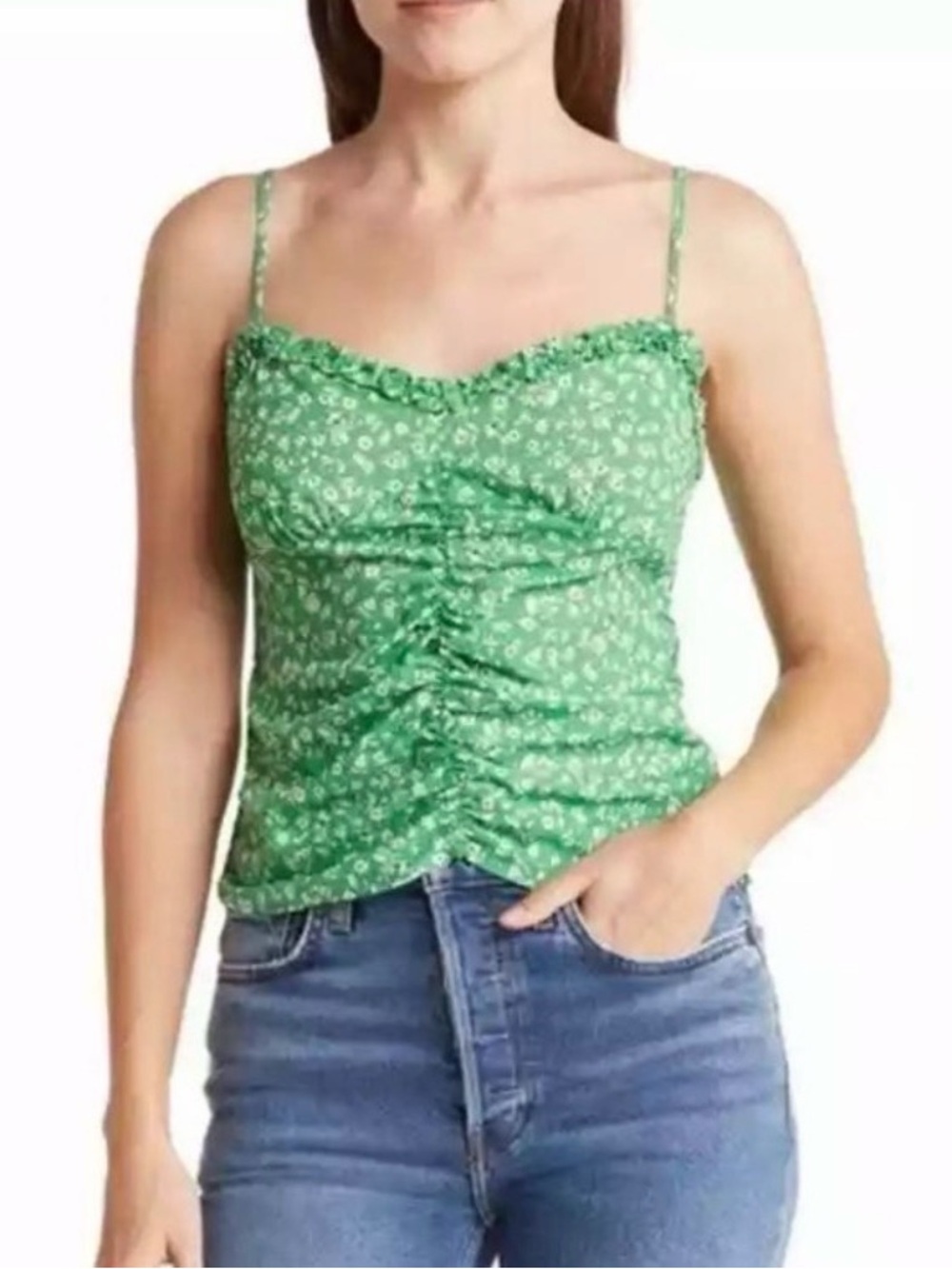 Plus Size Women LUSH Green Floral Print Ruched Front Cami 2X NWOT